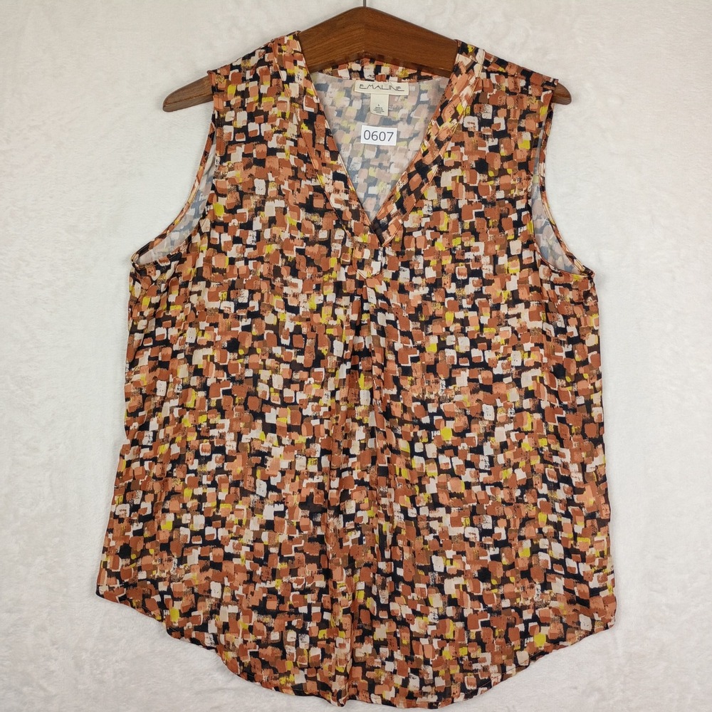 Emaline Sleeveless Blouse Womens Large Orange Geometric V-Neck Boho Summer Work